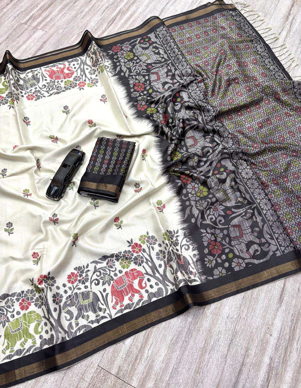 black pompom Soft Silk Blend fabric with Black and White kal...