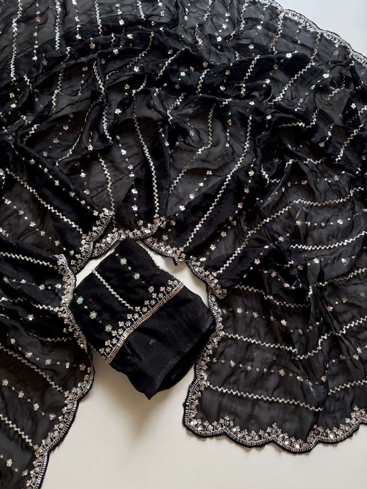 black queen Soft pure and Fancy Satin Fabric With Heavy Sequ...