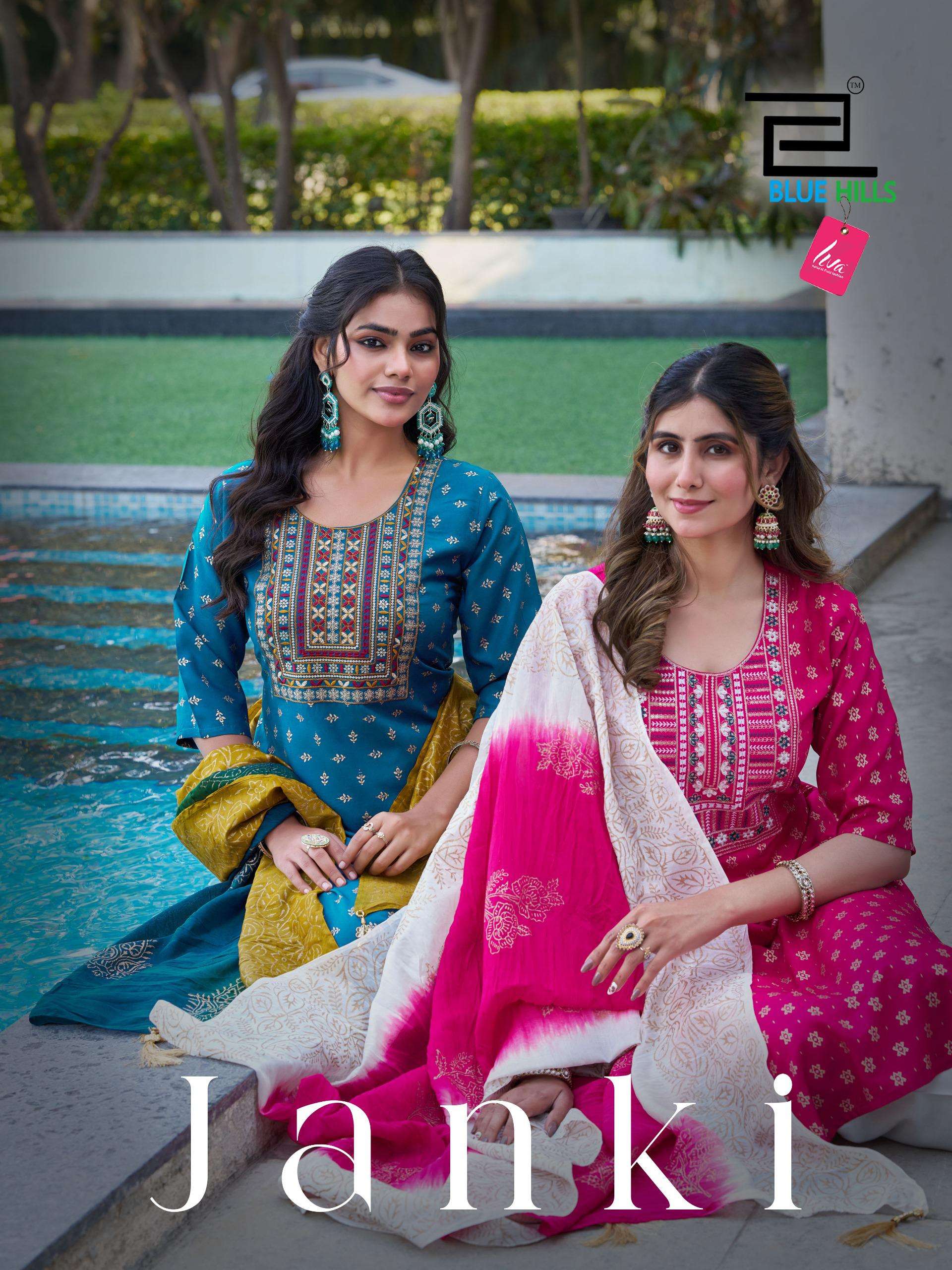 BLUE HILLS JANKI RAYON 22KG CHANDERI FOIL PRINT SUIT WITH FE...