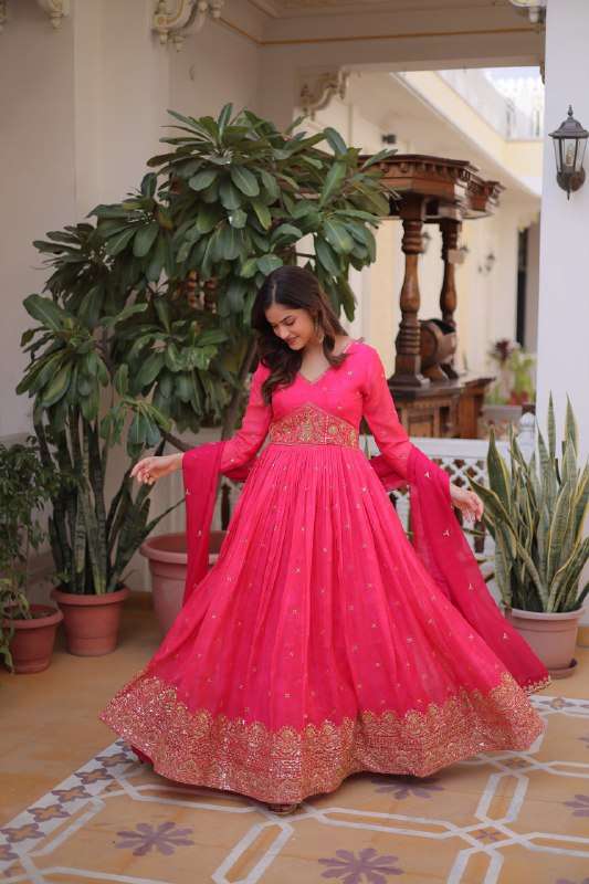 BOUTIUQE SILK SEQUENCE DESIGN READYMADE GOWN DUPATTA SET DEA...