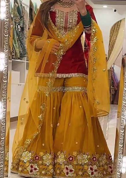 BRANDED PARTY WEAR LOOK SILK HEAVY WORK SHARARA SUIT FASHION...