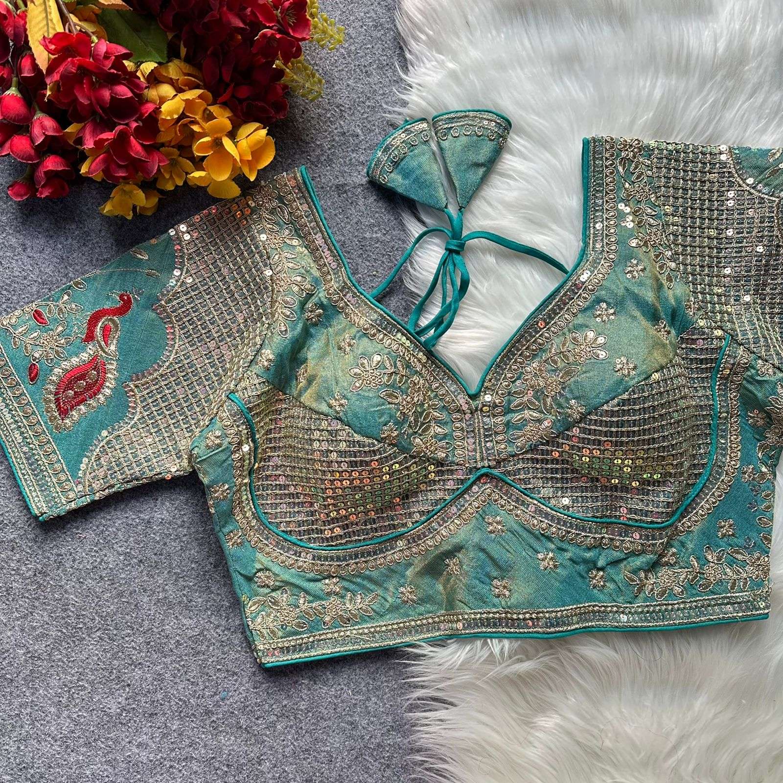  CHANDAN 5 HEAVY EMBROIDERY WORK COSMOSS SILK BLOUSE WHOLES...