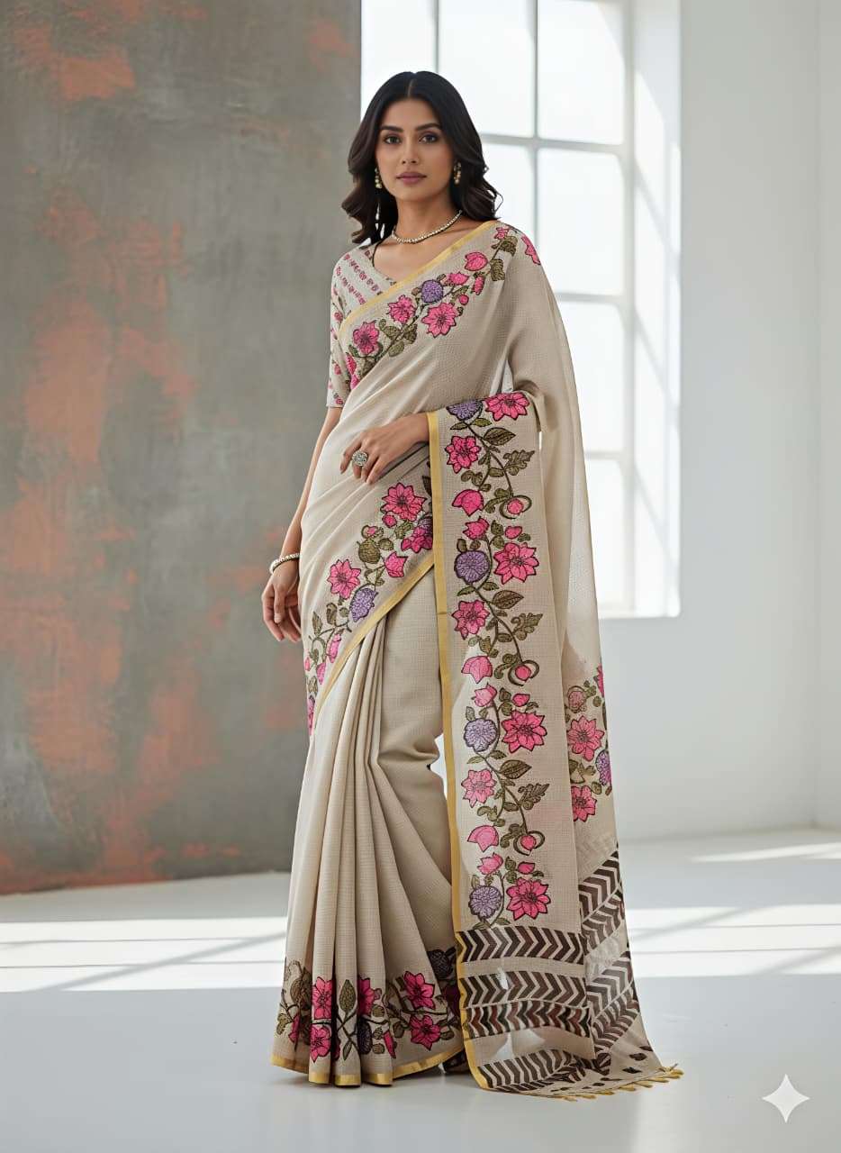 CHIKOO GOLD SDORN LINEN FABRIC WITH FLOWER PRINT BORDER REGU...
