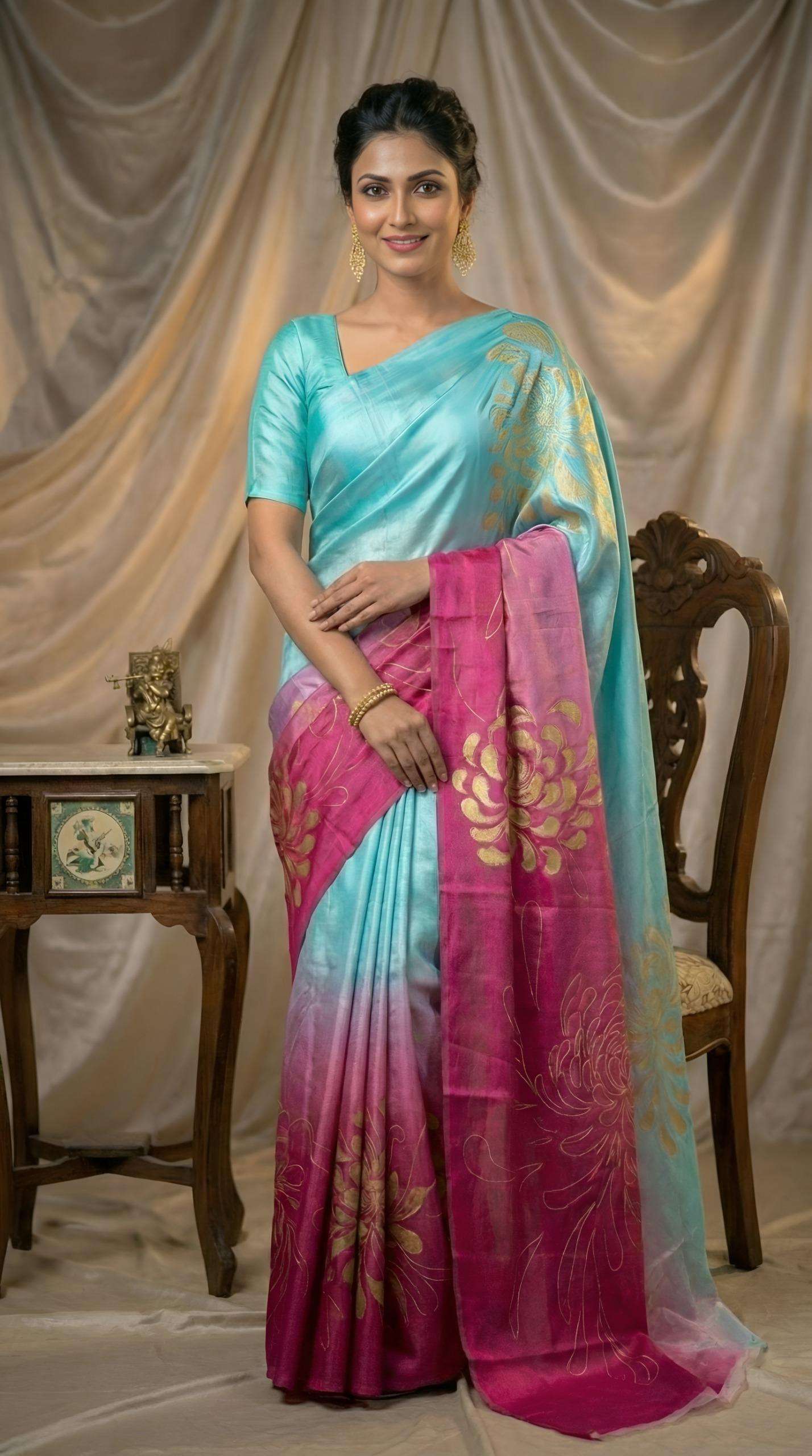 Chinon silk with beautiful flower Digital Print saree regula...