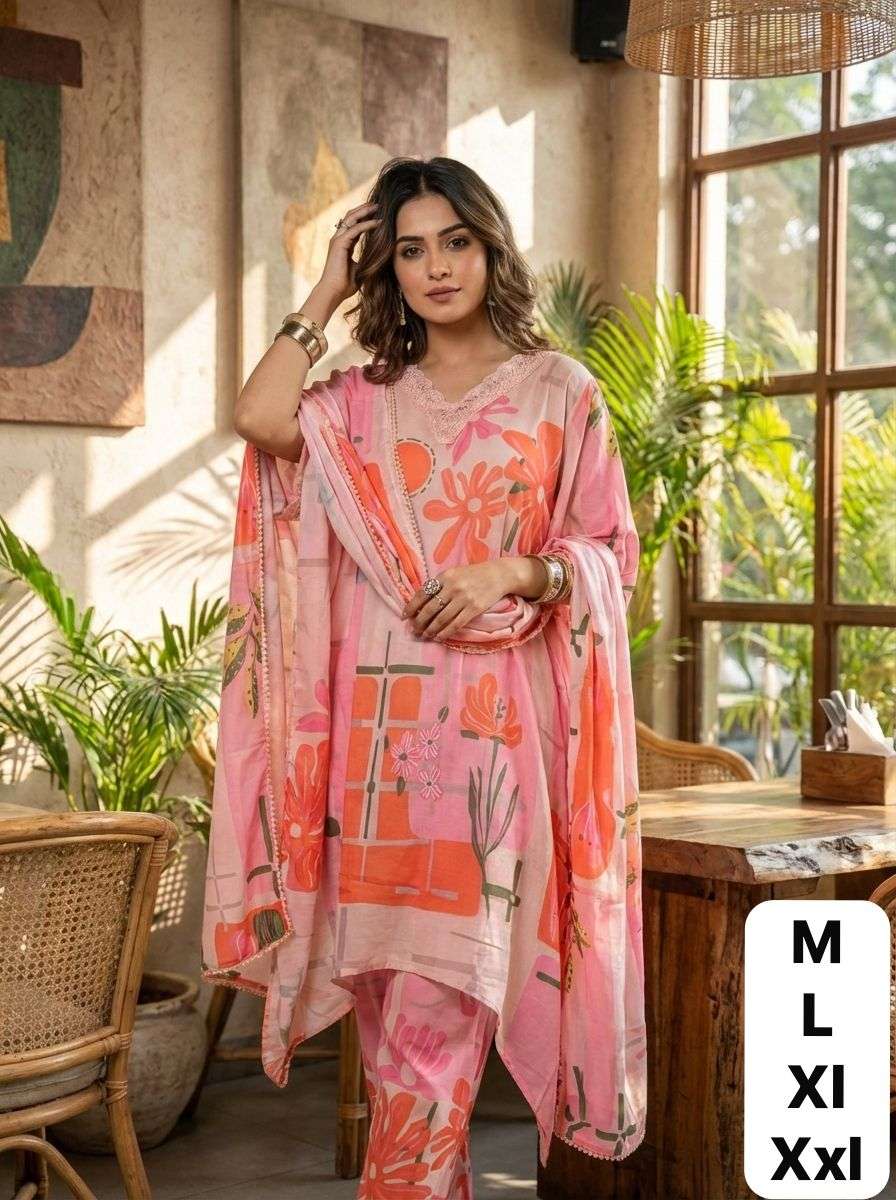 COTTON ANSTRACT FLORAL SUIT SET A LINE KURTA EID FESTIVAL BE...