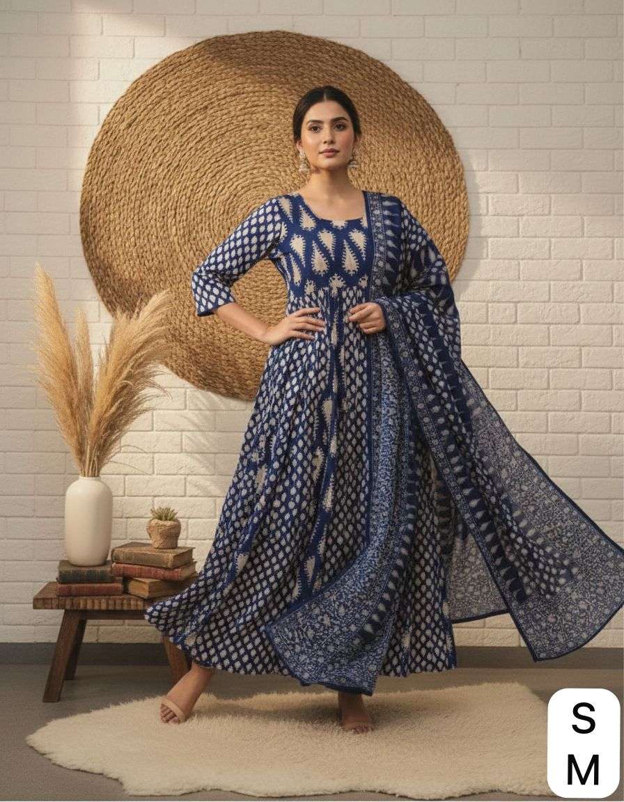 COTTON PRINT RED AND BLUE FLAIRD ANARKALI GOWN DUPATTA STITC...