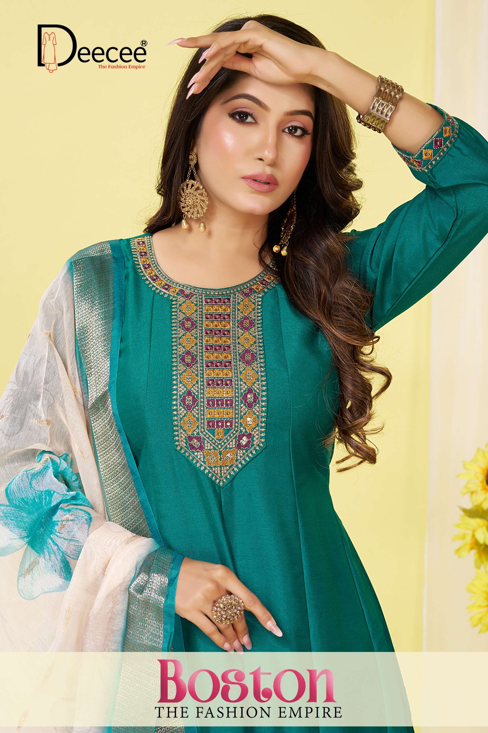 DEECEE BOSTON SILK FABRIC DESIGNER FLARED KURTI SUIT COLLECT...