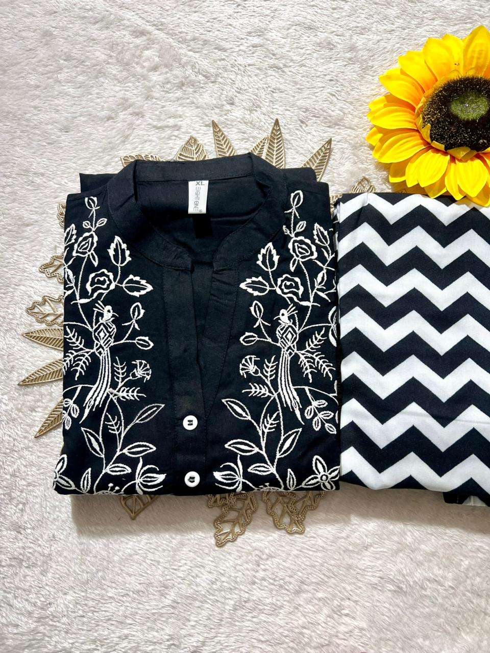 DESIGNER EMBROIDERY NECK BLACK KURTI PANT 2 PIECE TREND CLOT...