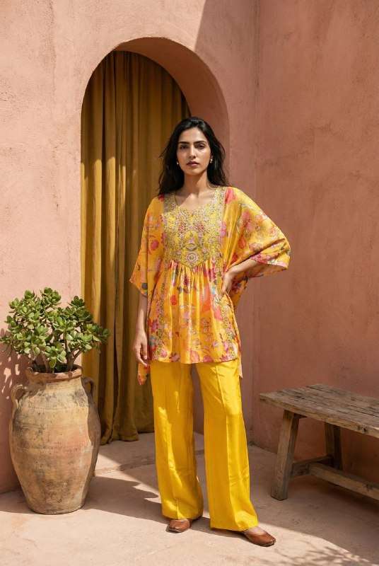 DESIGNER HEAVY CREAP YELLOW KAFTAN PALAZZO SET VIRAL CLOTH D...