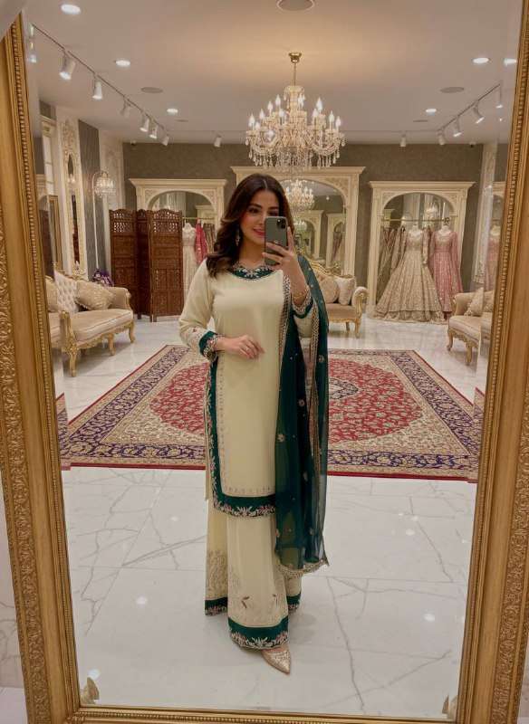 DESIGNER HEAVY FUAX GEORGETTE TOP PALAZZO SUIT VIRAL LOOK EX...
