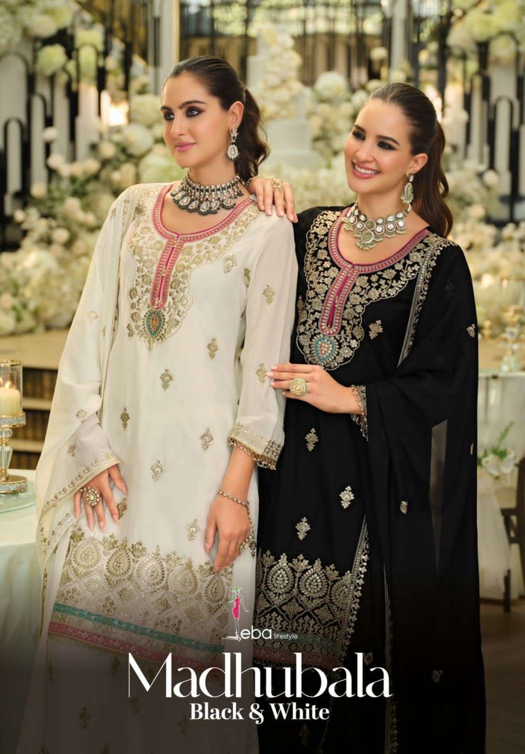 EBA LIFESTYLE MADHUBALA BLACK AND WHITE BRAND DESIGNER PALAZ...