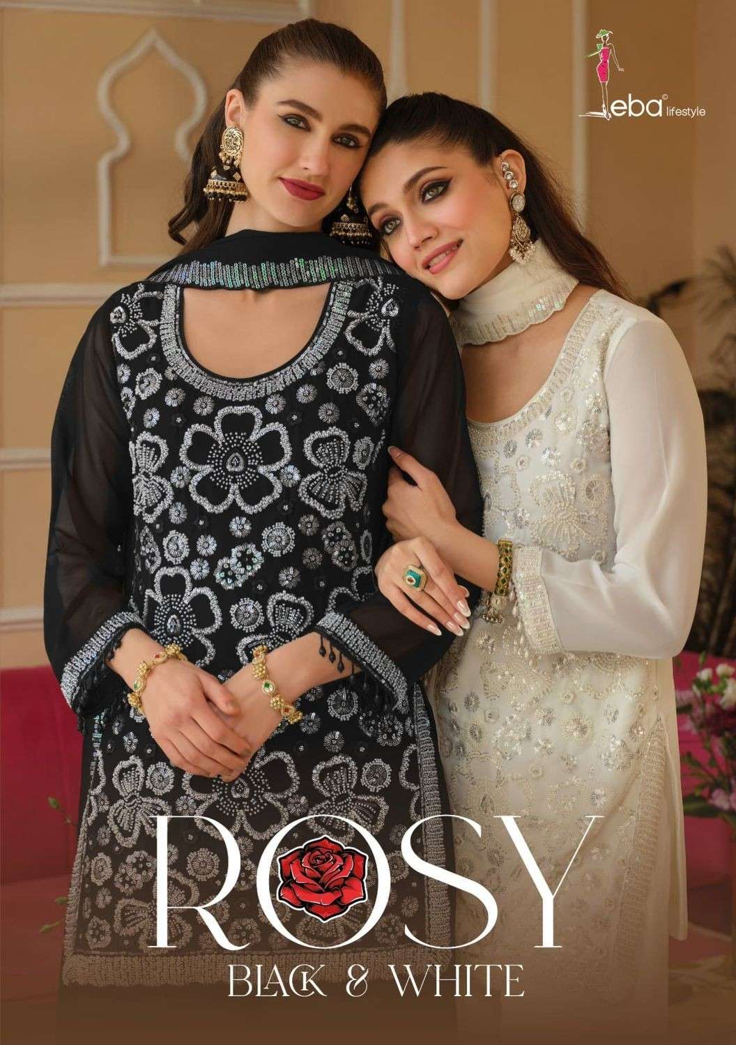 EBA ROSY GEORGETTE WITH BEATS WORK BLACK AND WHITE SHARARA S...