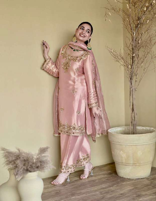 EID SPECIAL DESIGNER NATURAL SILK PINK COLOR TOP PALAZZO SUI...
