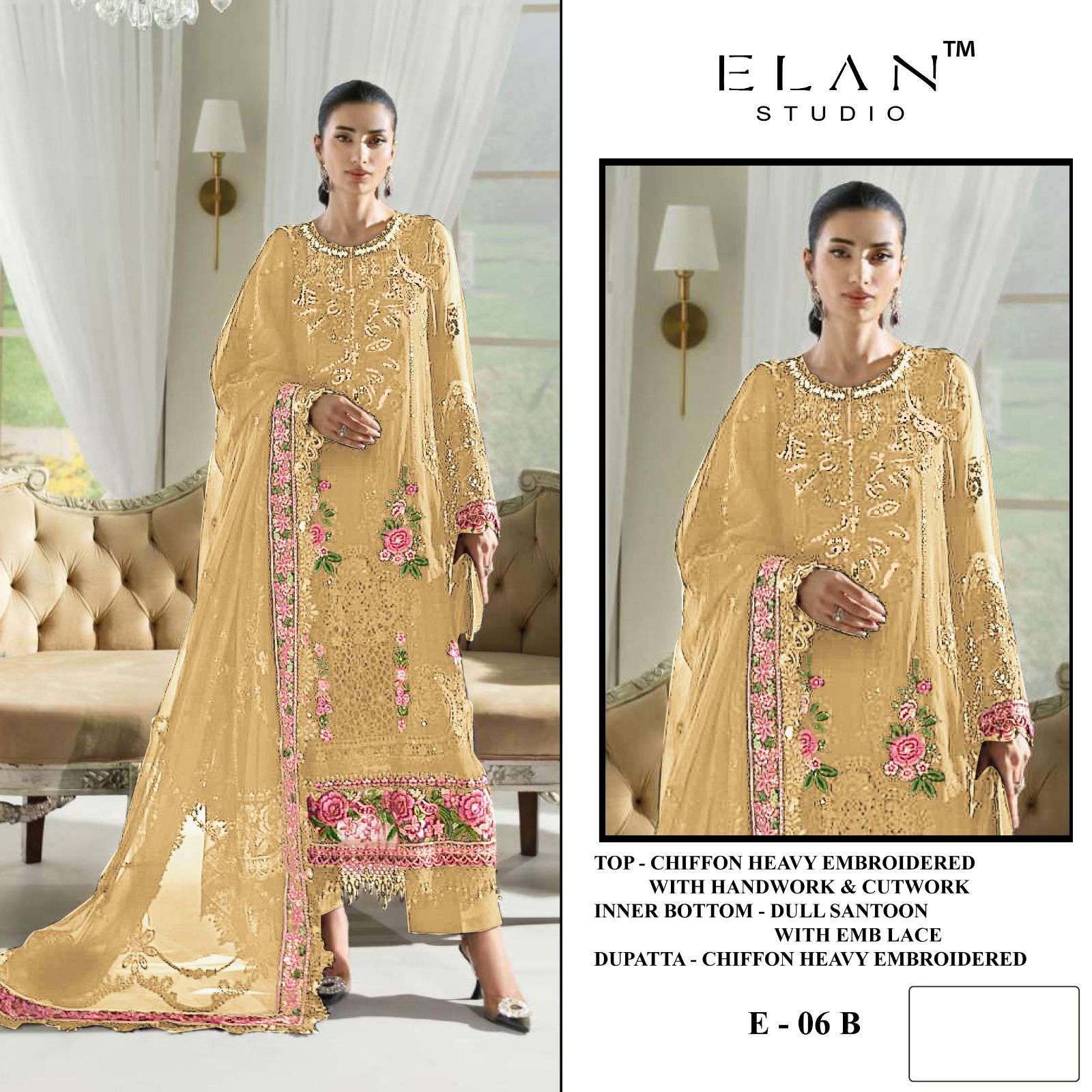 ELAN STUDIO E 6 CHIFFON HEAVY MULTI HANDWORK & CUTWORK PAKIS...