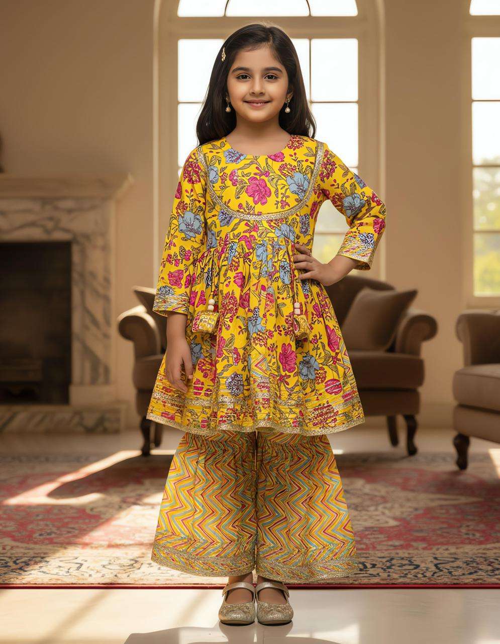 EXCLUSIVE MULTI COLOR KURTA KEDIYA WITH SHARARA KIDS WEAR SU...