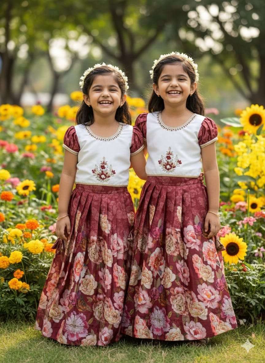FLORAL MAROON FLOWER SATIN  BANGLORY PRINT LEHENGA CHOLI KID...