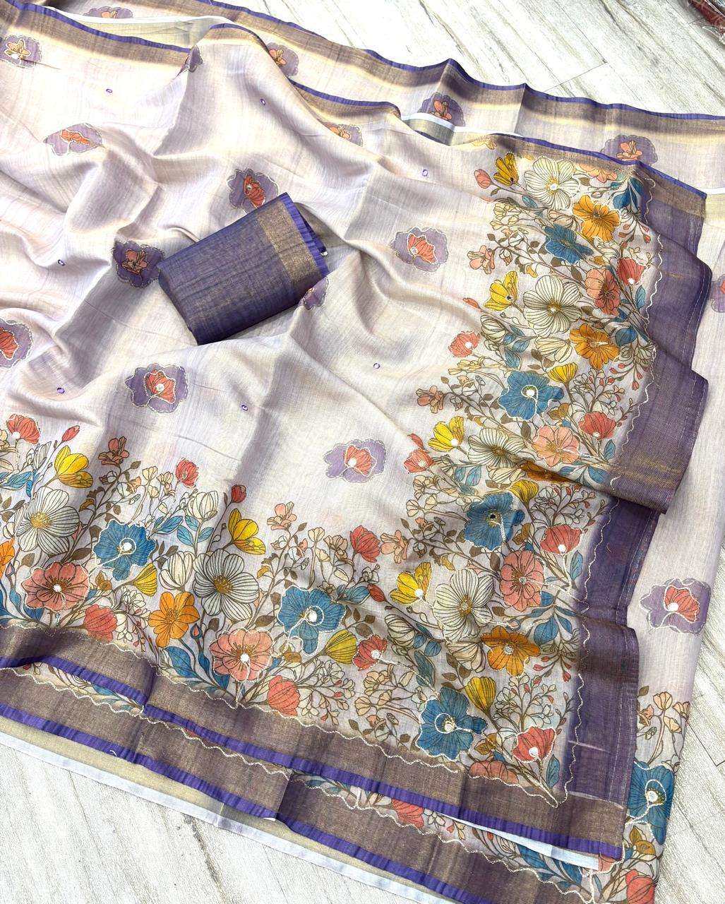 flow in flower Zari Silk fabric Aari fancy Mirror Work regul...