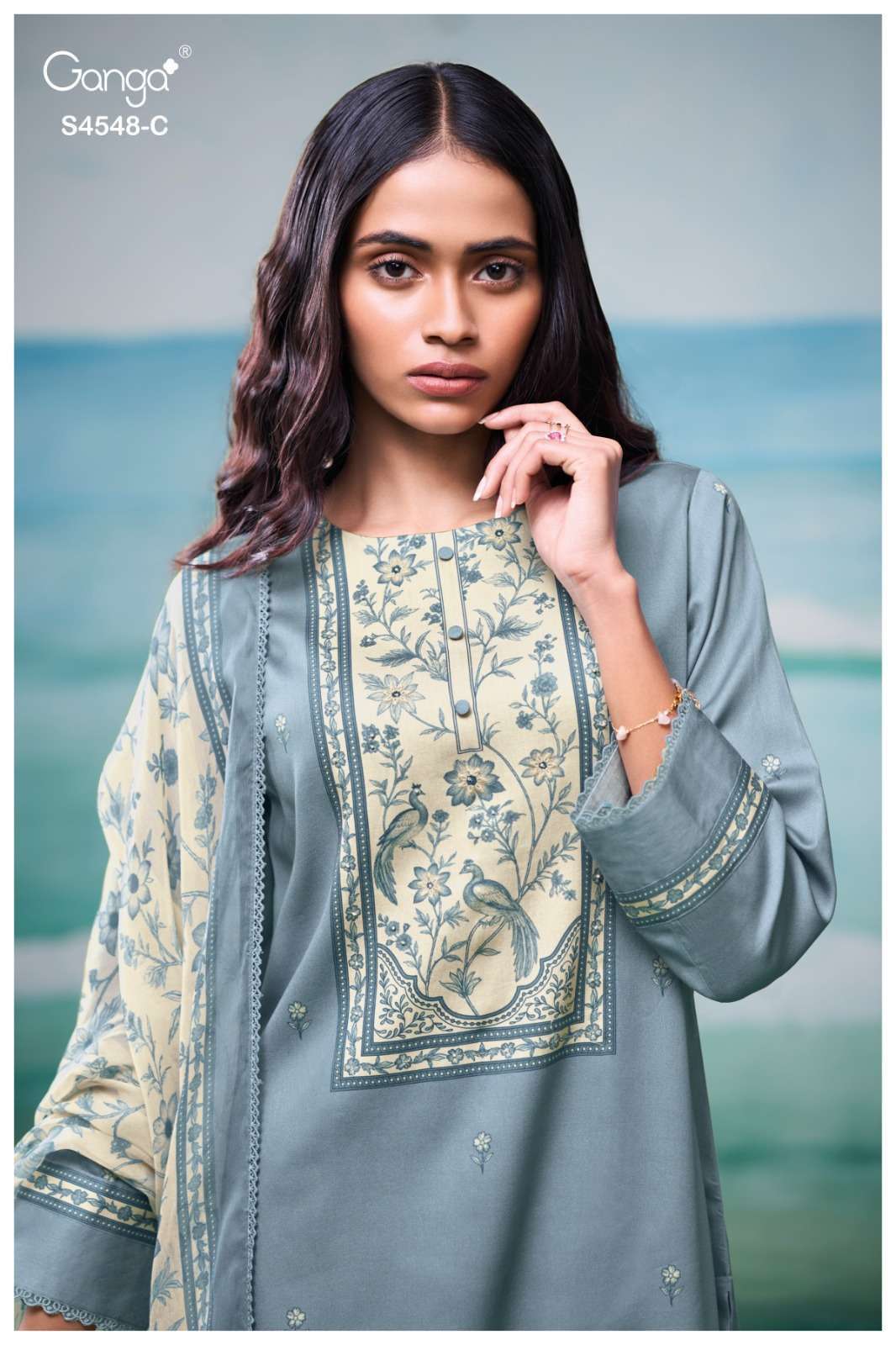 GANGA FLORYA 4548 COTTON SATIN PRINTED EMBROIDERY LACE ON DA...