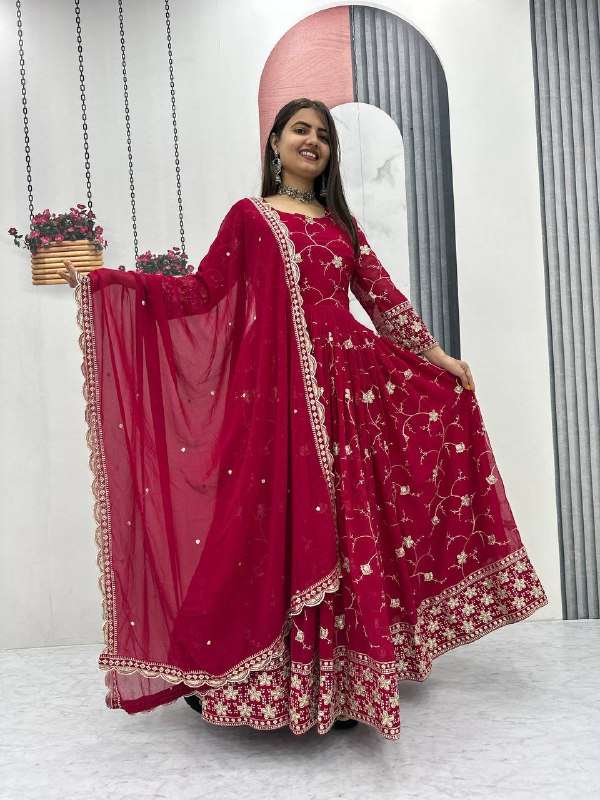 GEORGETTE EMBROIDERY READYMADE RED GOWN AND DUPATTA SET PART...