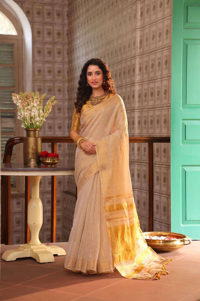 GOLDEN KASAVU PREMIUM LINEN ZARI TISSUE SILK FABRIC WITH BEA...