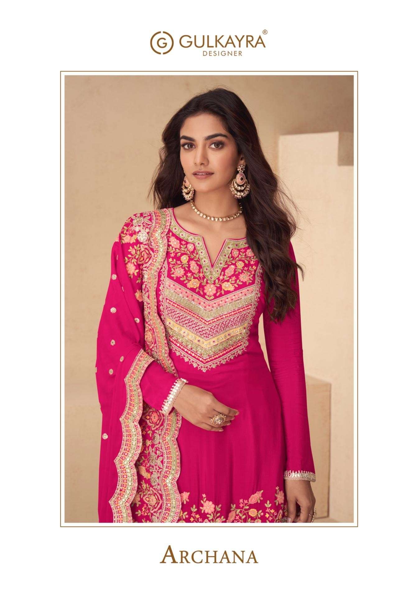 GULKAYRA DESIGNER ARCHANA REAL CHINON HEAVY WORK KURTI SHARA...