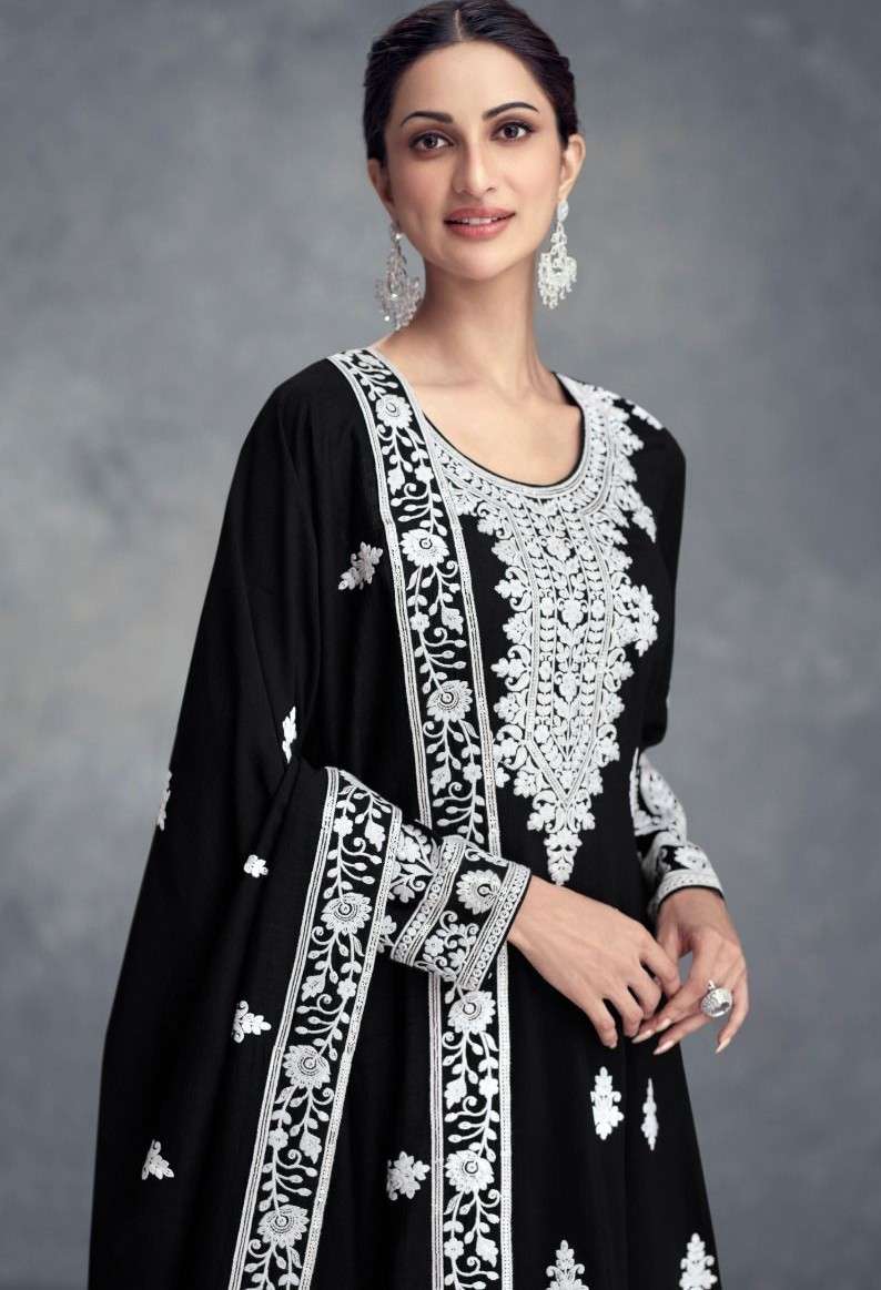 GULKAYRA DESIGNER FARANA REAL CHINON EMBROIDERY BLACK AND WH...