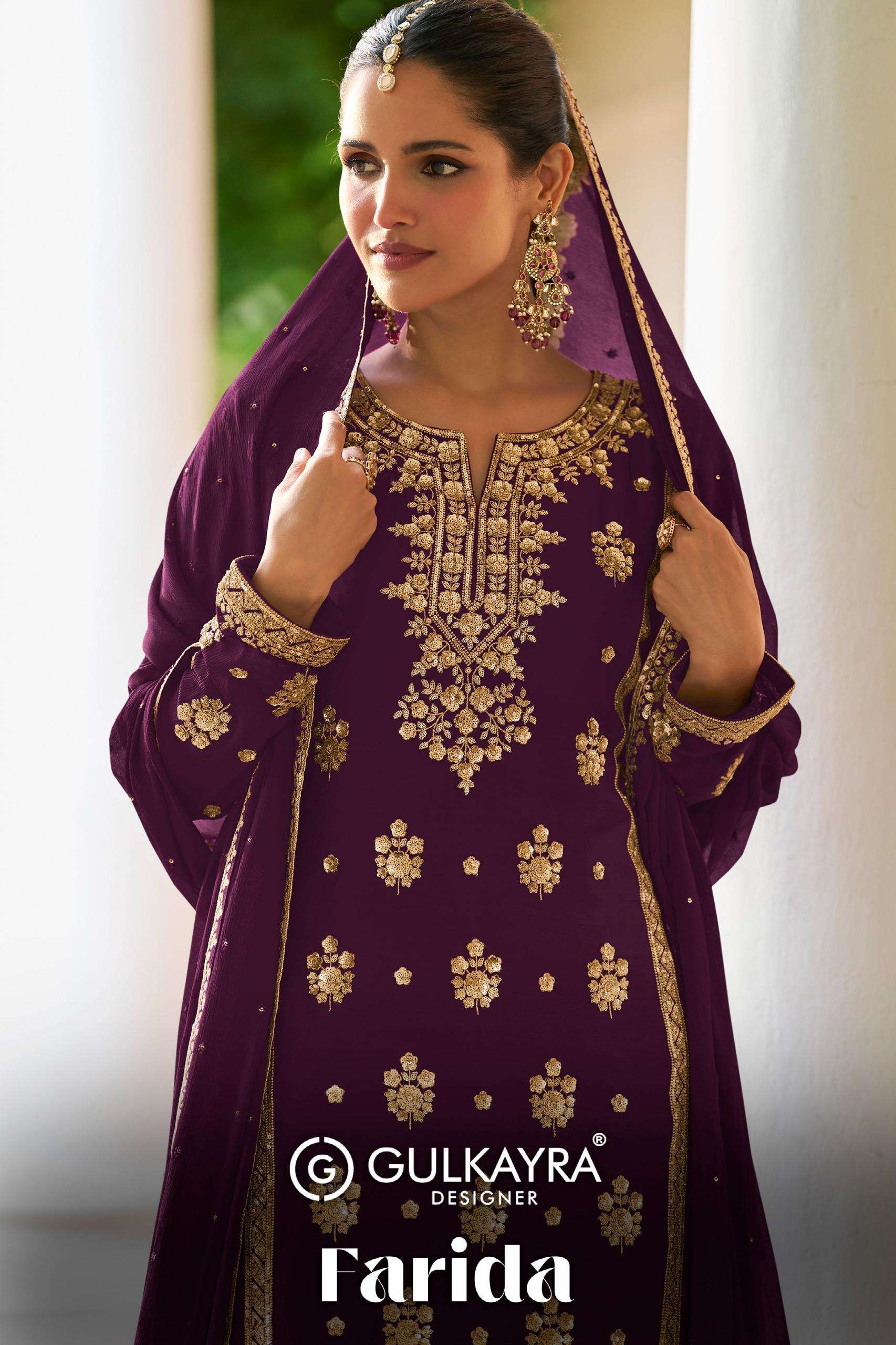 GULKAYRA DESIGNER FARIDA LUXURY WEAR REAL CHINON WORK SHARAR...