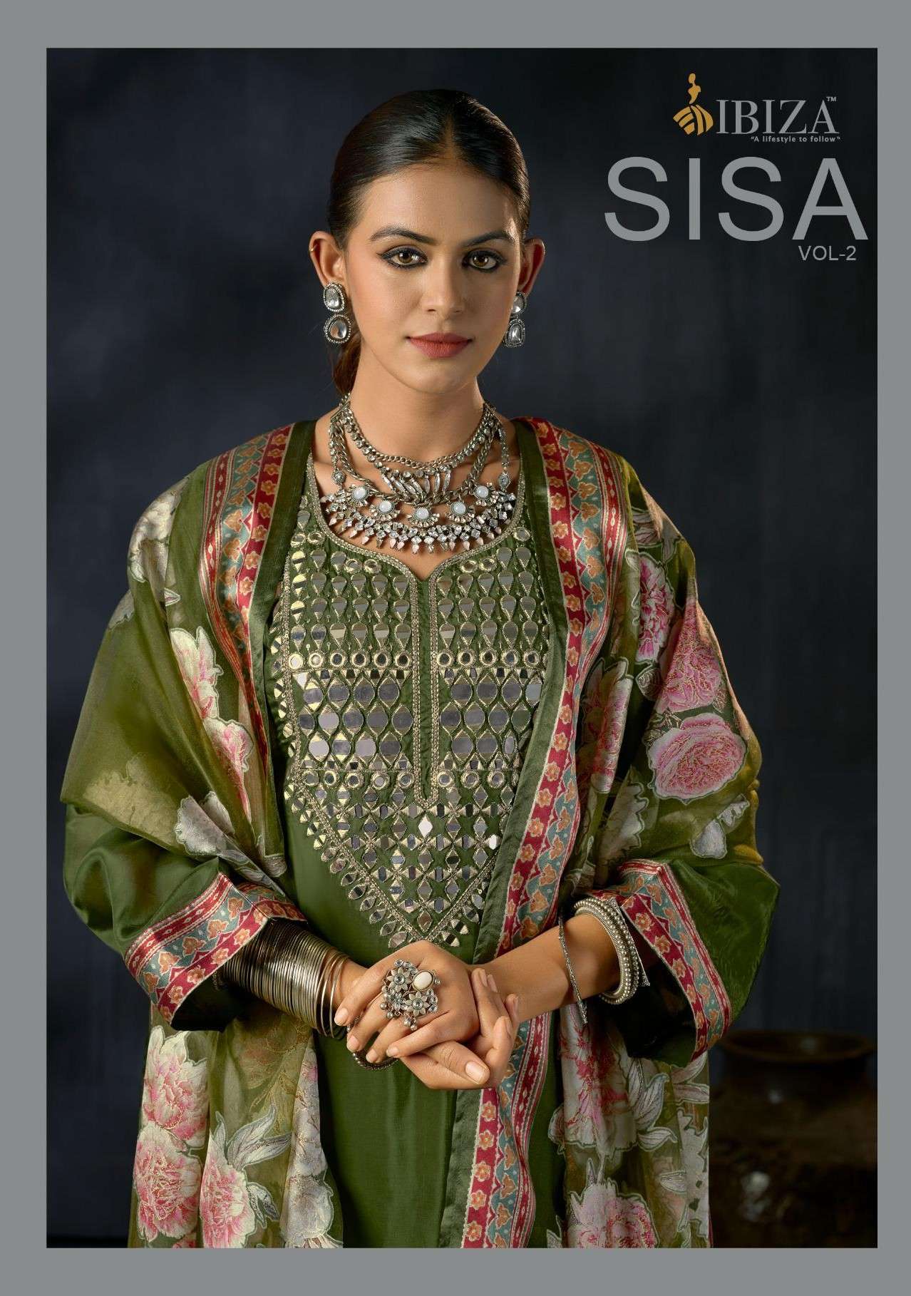 IBIZA SISA VOL 2 GLAS ORGENZA MIRROR WORK NECK AND BORDER SA...