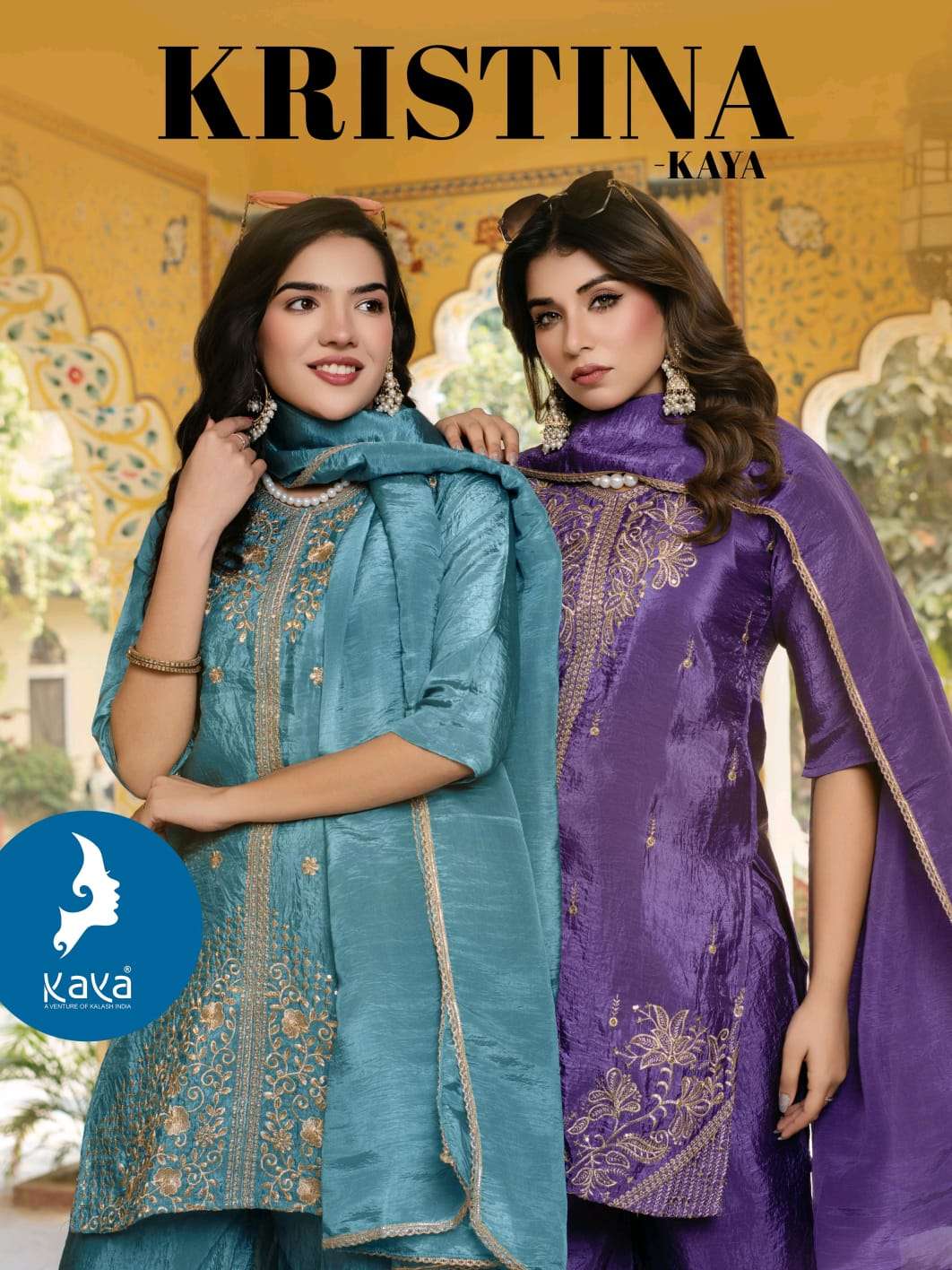 KAYA KURTI KRISTINA GOLD SEQUENCE DESIGN TOP PALAZZO SUIT FE...