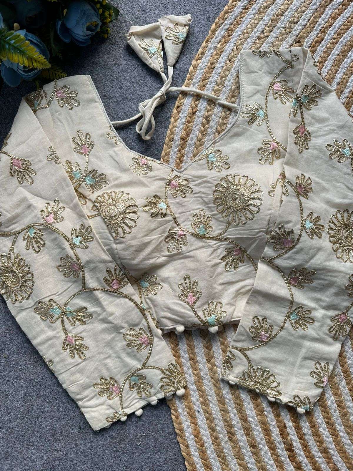 KHADI GOTTA WORKS LONG COTTON FABRIC OFF WHITE BLOUSE REAELL...