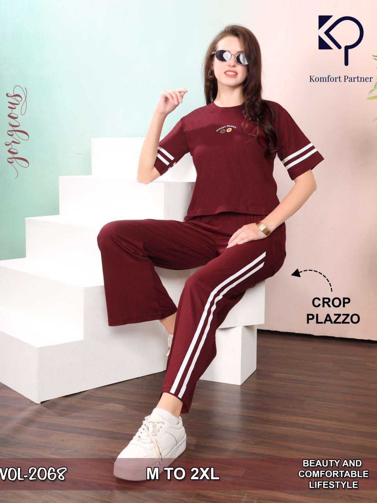 KOMFORT PARTNER VOL 2068 WOMEN TREND CROP TSHIRT WITH PLAZO ...