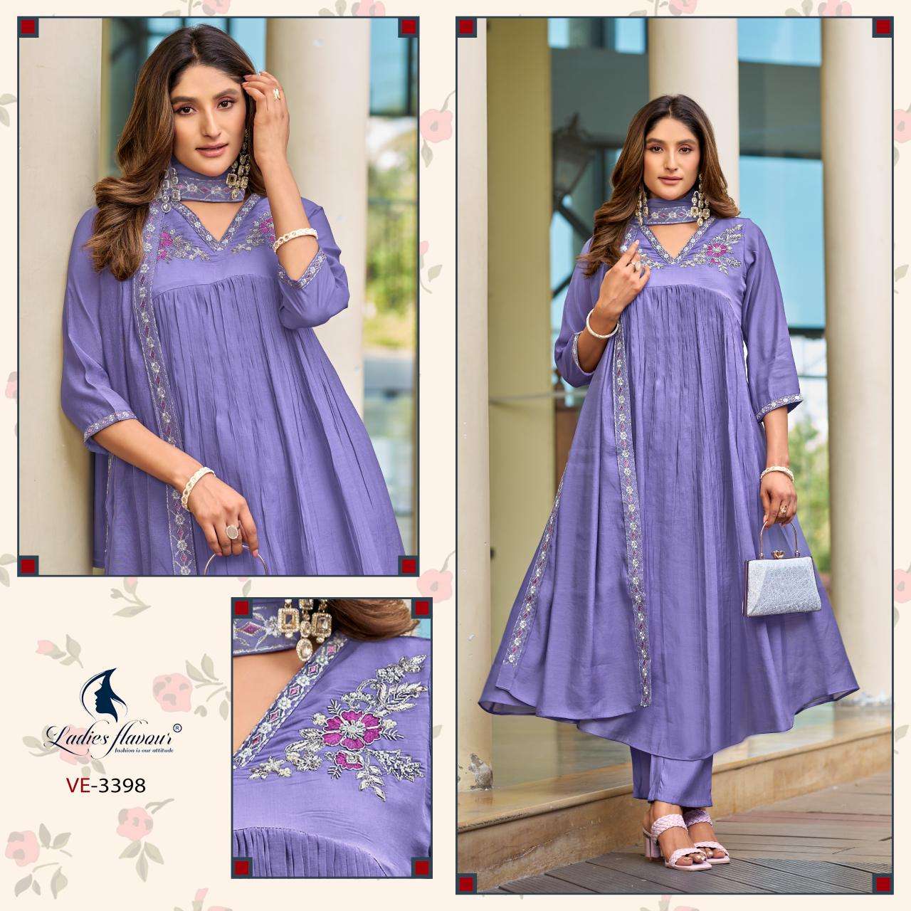 LADIES FLAVOUR 3398 TO 3400 CHANDERI EMBROIDERY STITCHED SAL...