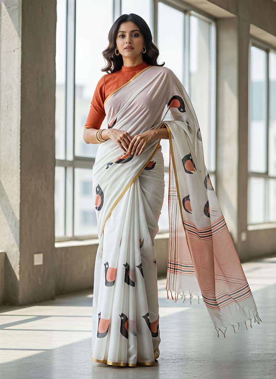 Laxmi bird Heavy linen fabric blooming With bird digital pr...