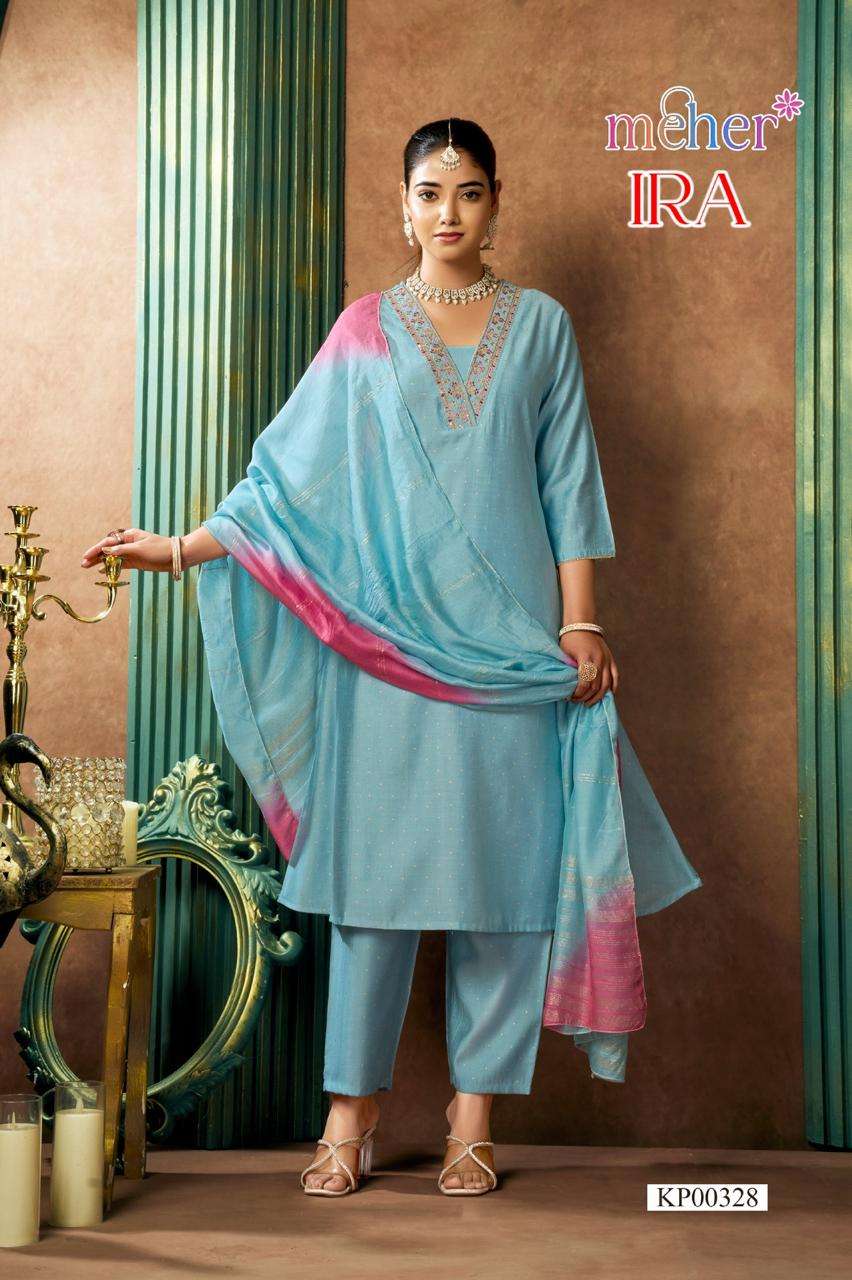 MEHER IRA GOLD PRINT EMBROIDERED SET KURTI SUIT FOR READYMAD...