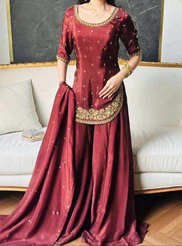 NATURAL SILK MATERIAL DESIGNER FARSHI SALWAR SUIT EID SPECIA...