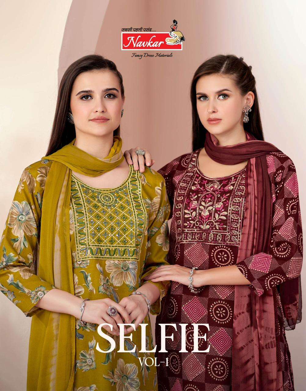 NAVKAR SELFIE VOL 1 NECK WORK AND KURTI PRINT 3 PIECE SUIT R...