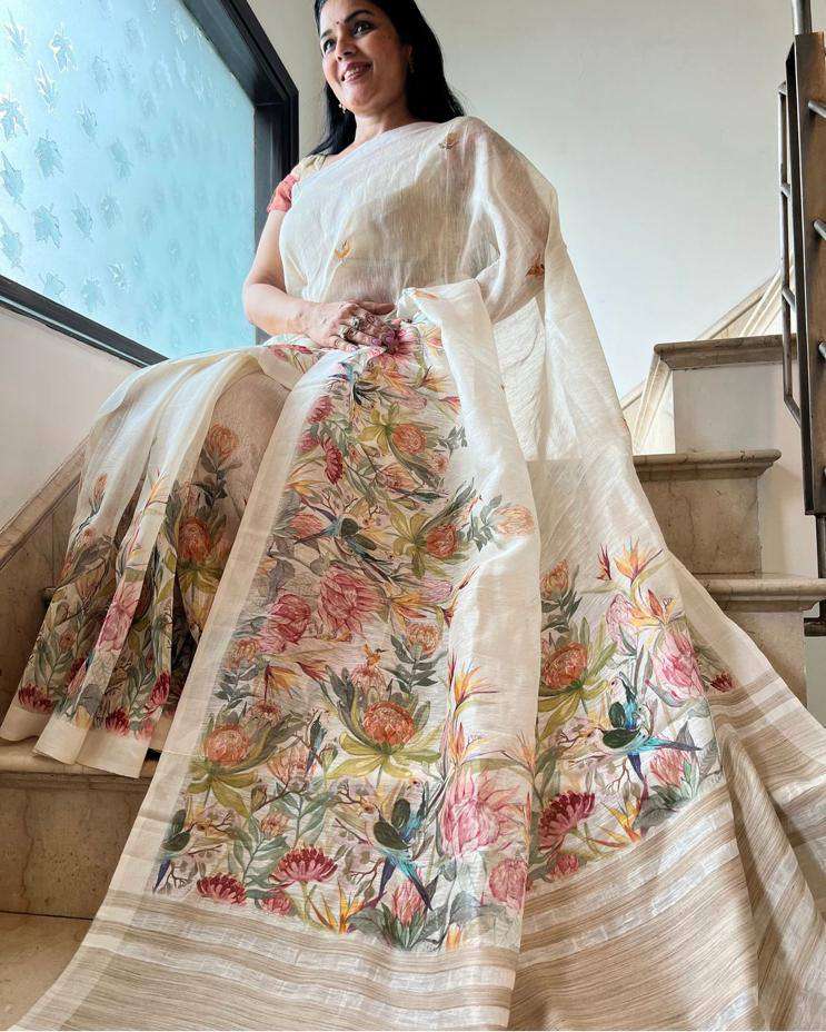  New Design Launch Plain Linen fabric regular wear saree w...
