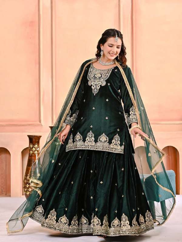 NEW OUTFIT INDIAN VELVET DESIGNER STITCHED GREEN SHARARA SUI...