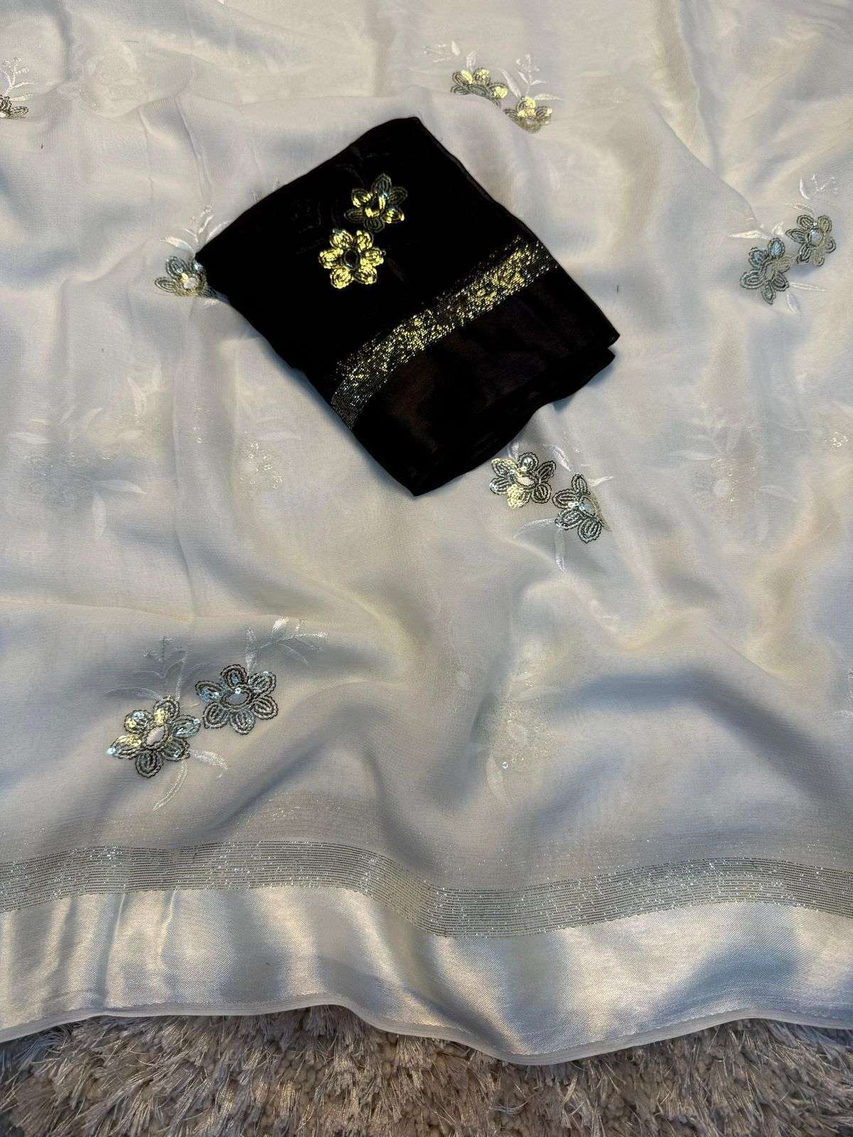 New silver flower Pure viscose georgette fabric and embroide...