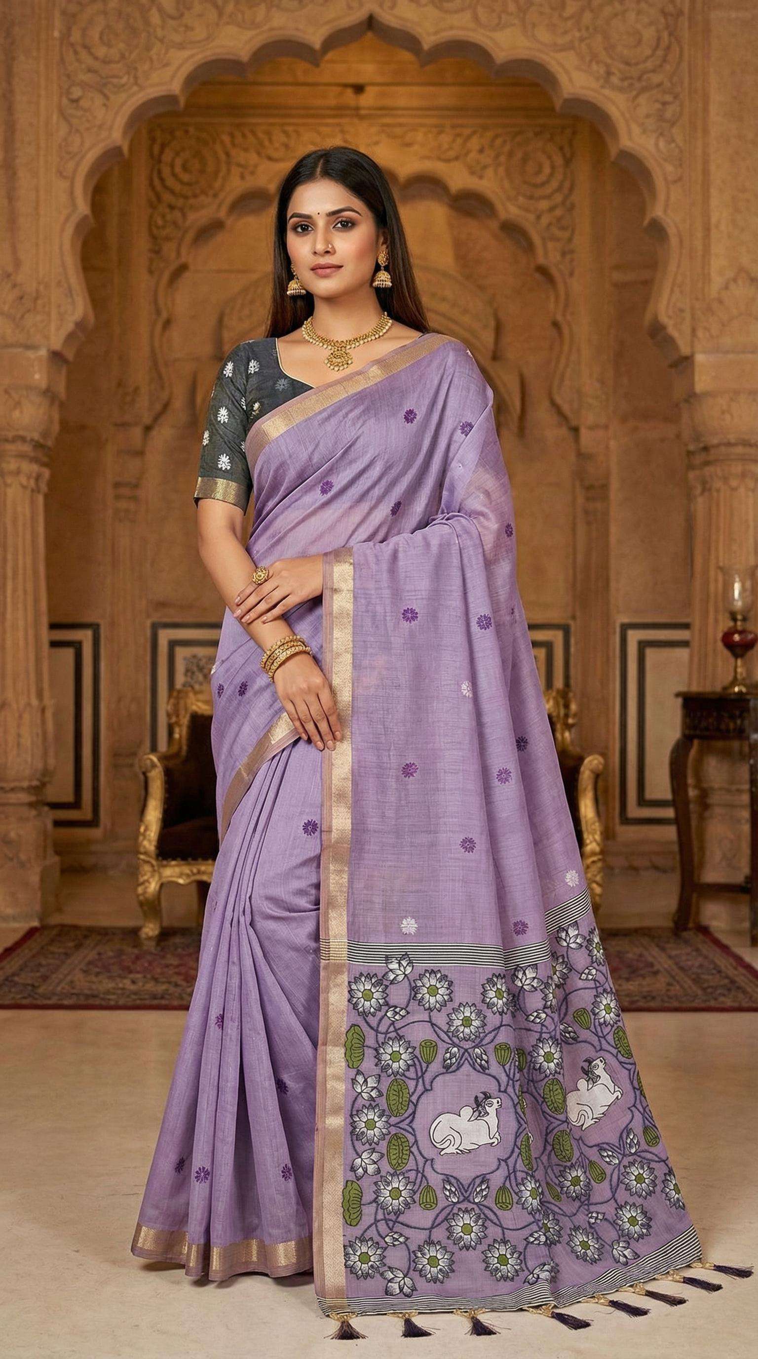 Pichwai Soft Pure Muga Cotton fabric with Meenakari  weaving...