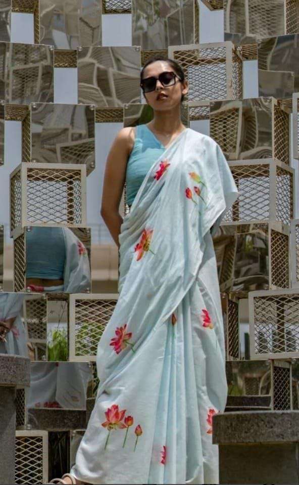 Plain and pure Linen with Simple Digital Printed  Lotus flo...
