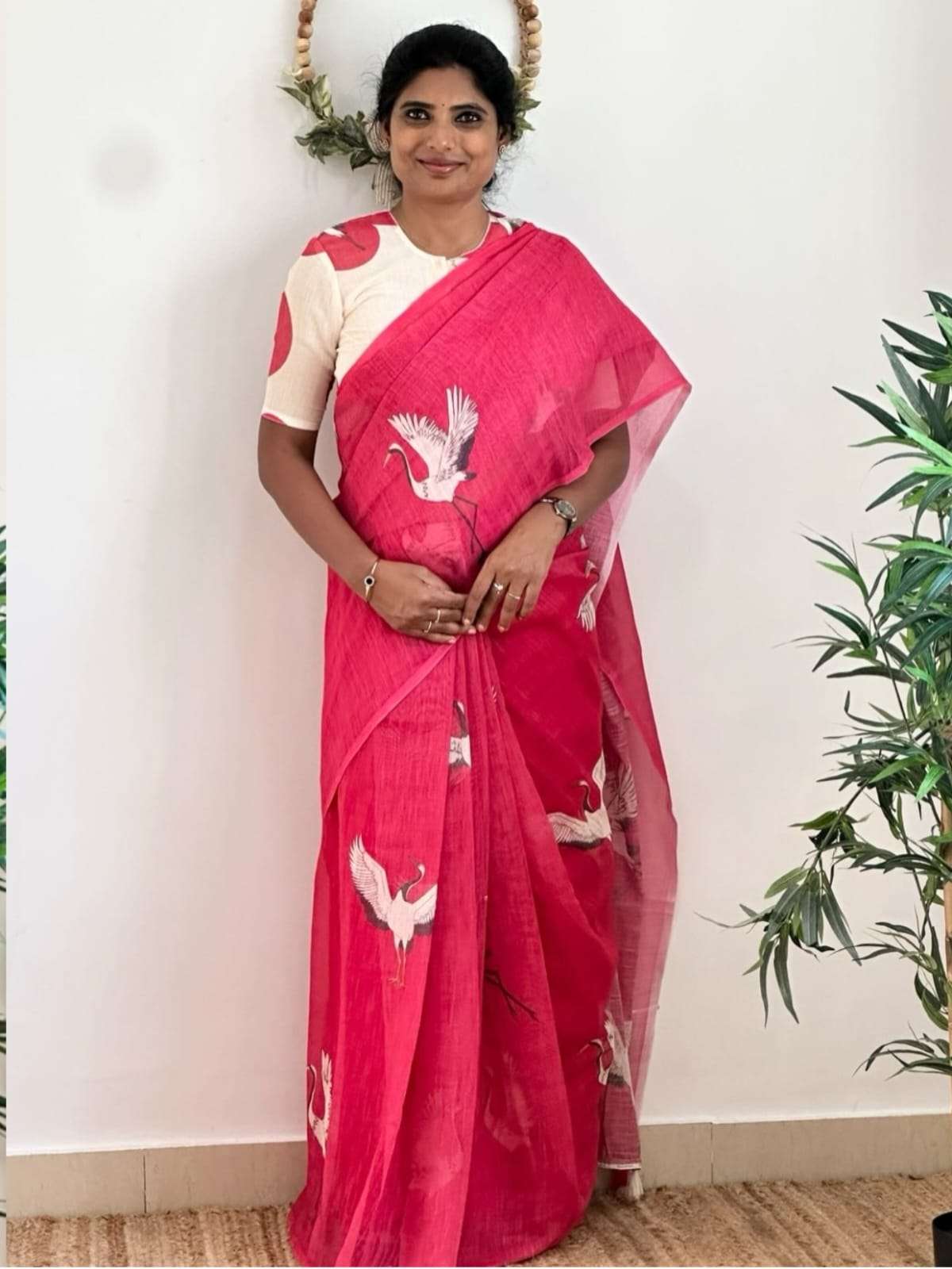 Plain and soft Linen fabric with beautiful bird Digital Prin...