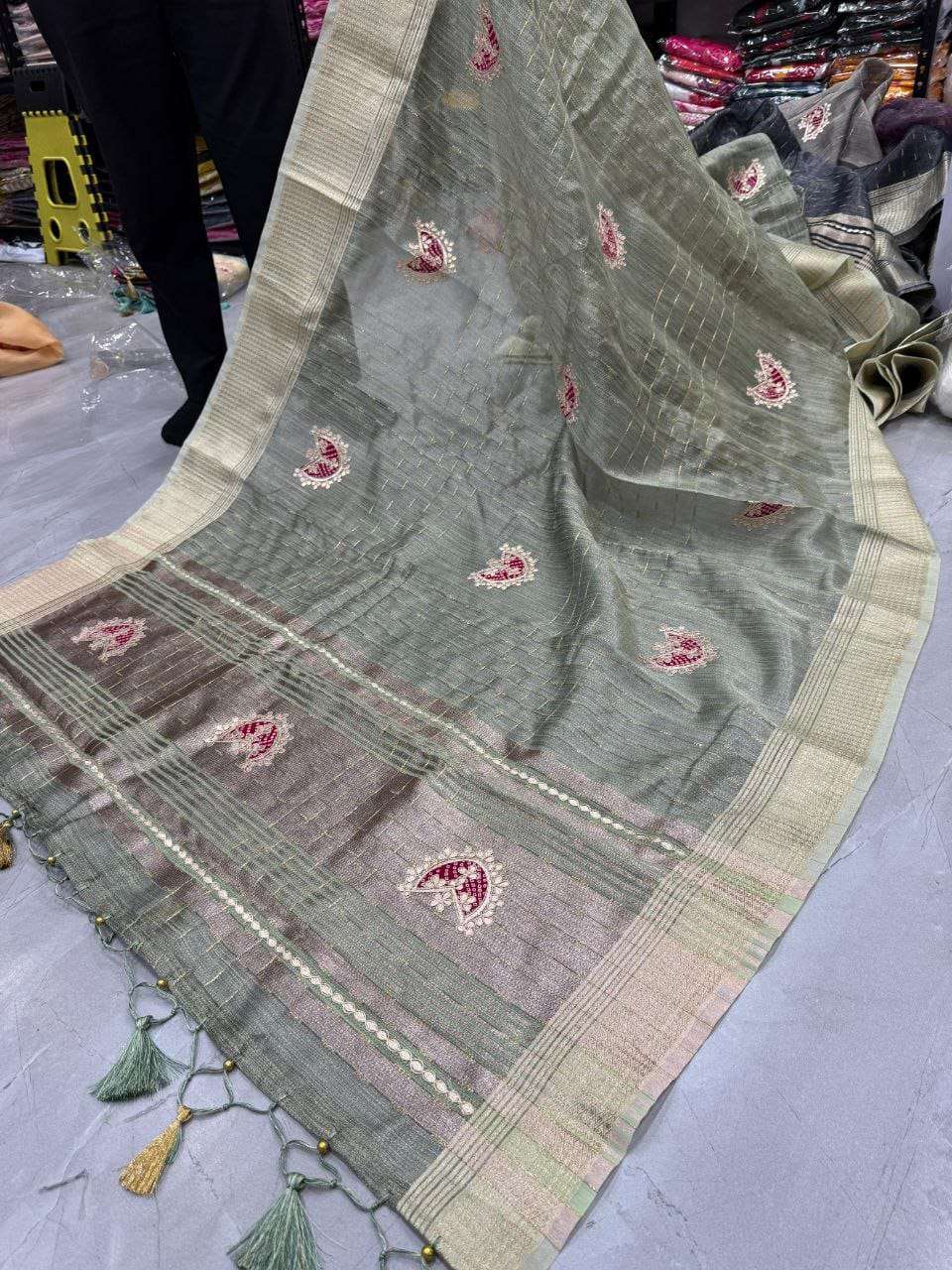 pure and original Tissue Silk fabric With Gota Patti handmad...