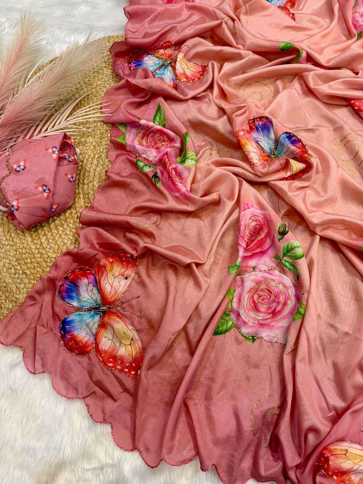 Pure malai silk fabric fancy with beautiful  butterfly  & fl...