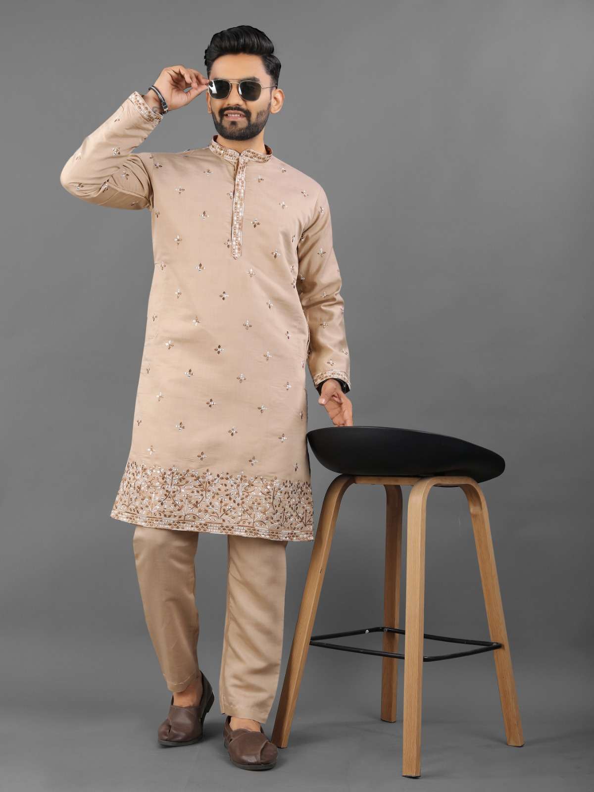 PUSHPA TRADITIONAL STITCHED SILK FOIL PRINT MENS KURTA PAJAM...