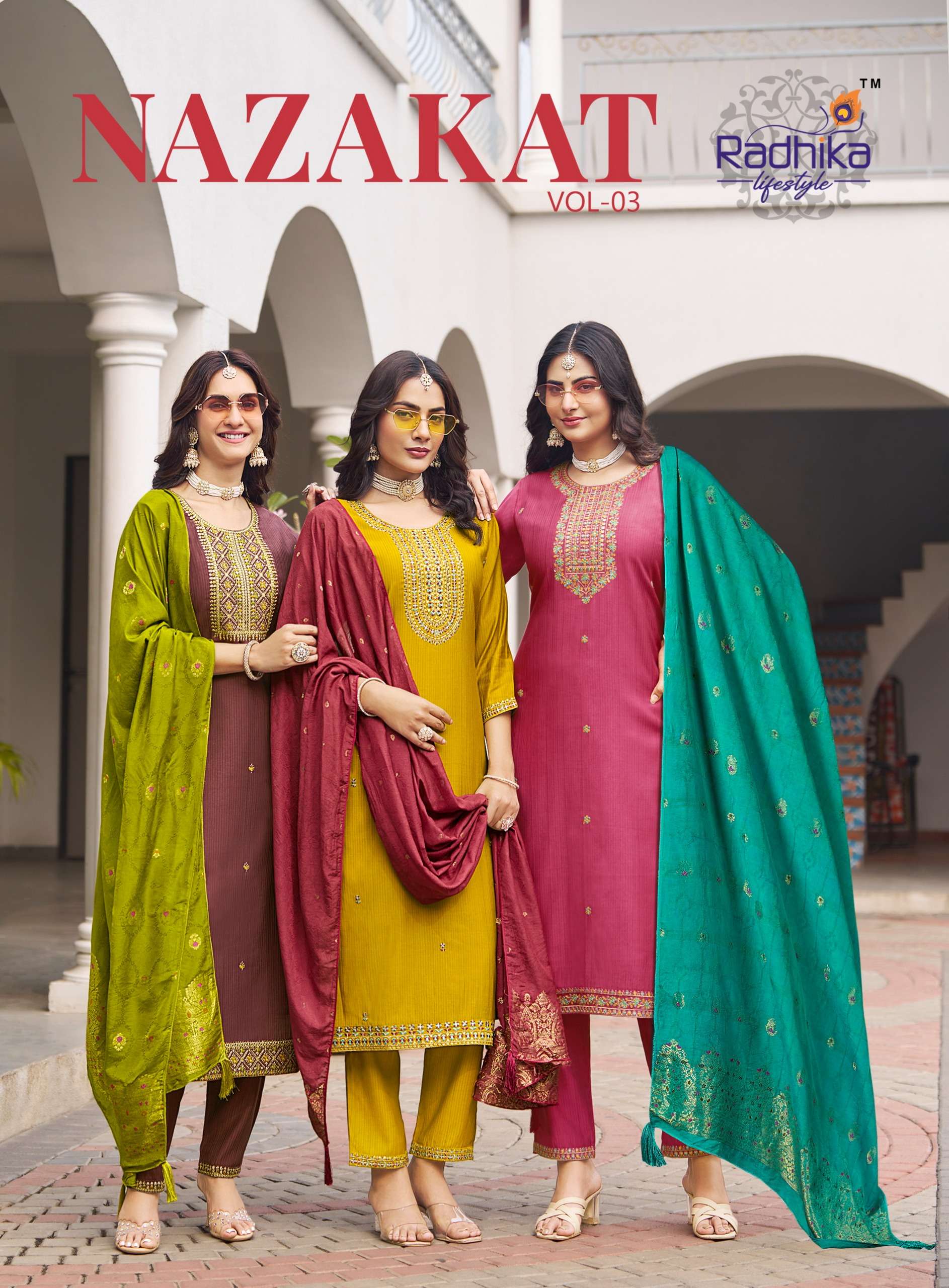 RADHIKA NAZAKAT VOL 3 BERLIN SILK KURTI PANT WITH DUPATTA FE...