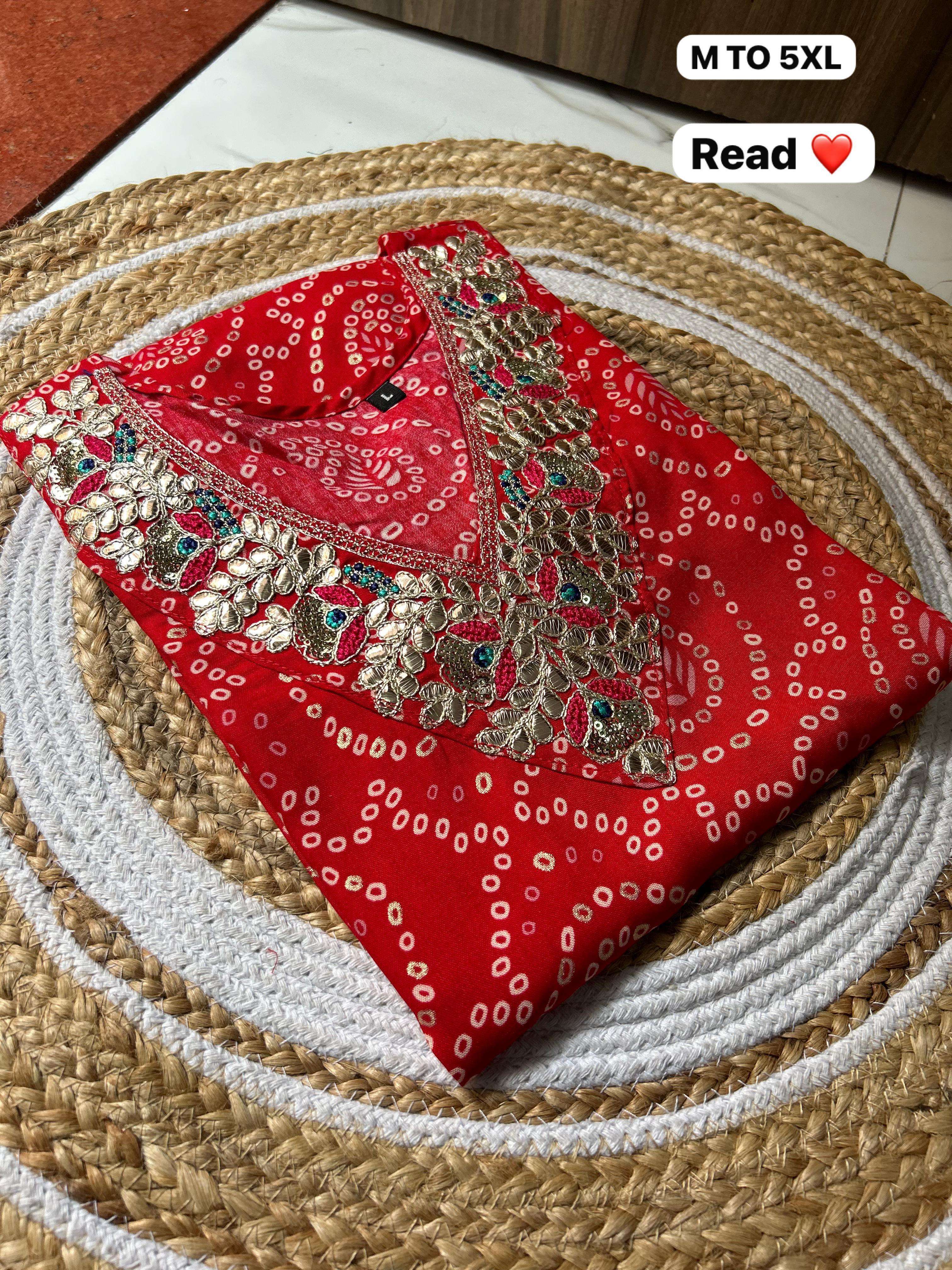 RAYON BANDHANI PRINT ONLY KURTI NECK GOTA PATI WORK RAJASTHA...