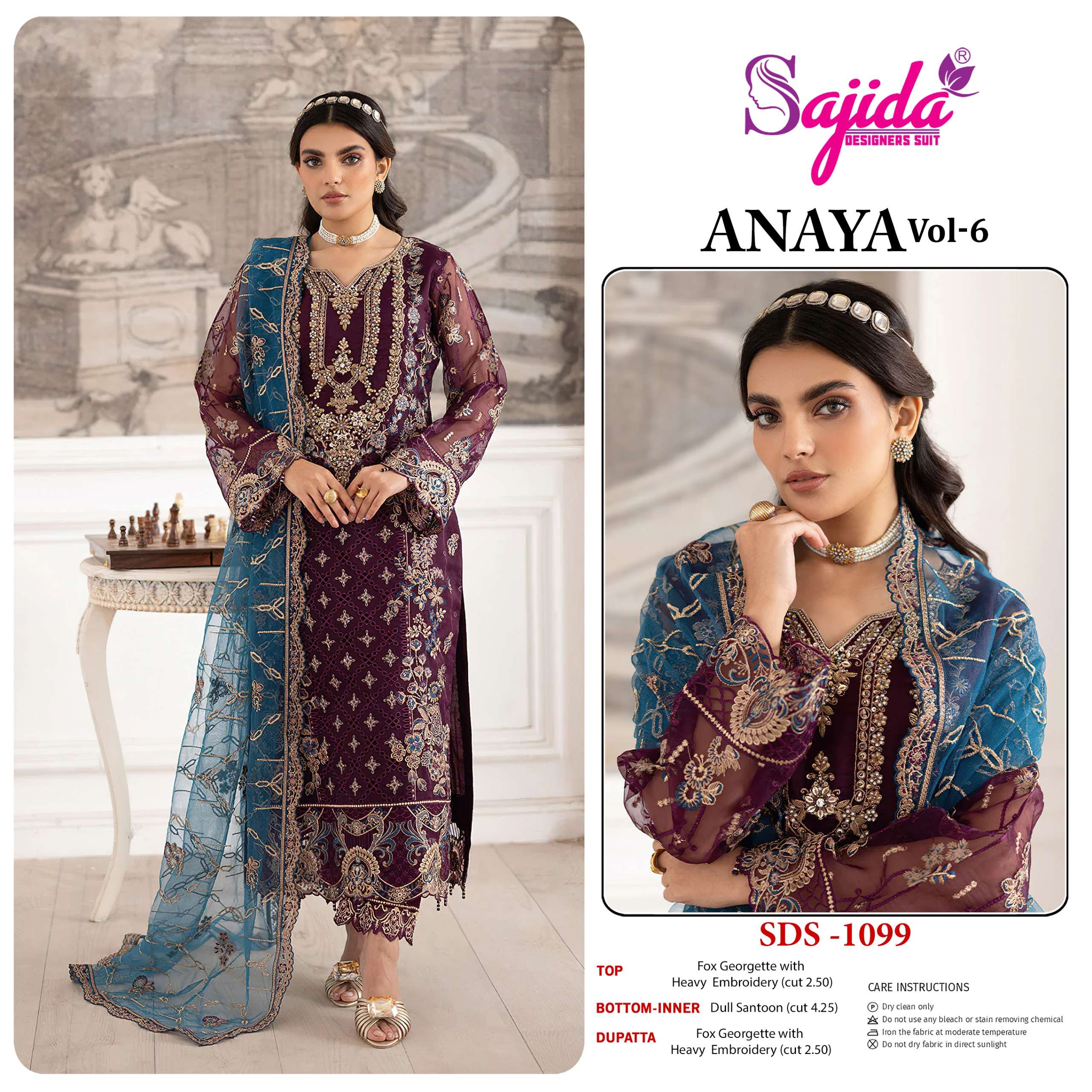 SAJIDA DESIGNER SUITS ANAYA VOL 6 D 1099 HEAVY EMBROIDERED P...