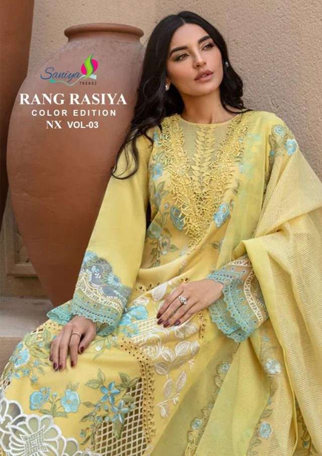 SANIYA TRENDZ RANGRASIYA VOL 3003 COTTON WITH CHIKANKARI DES...