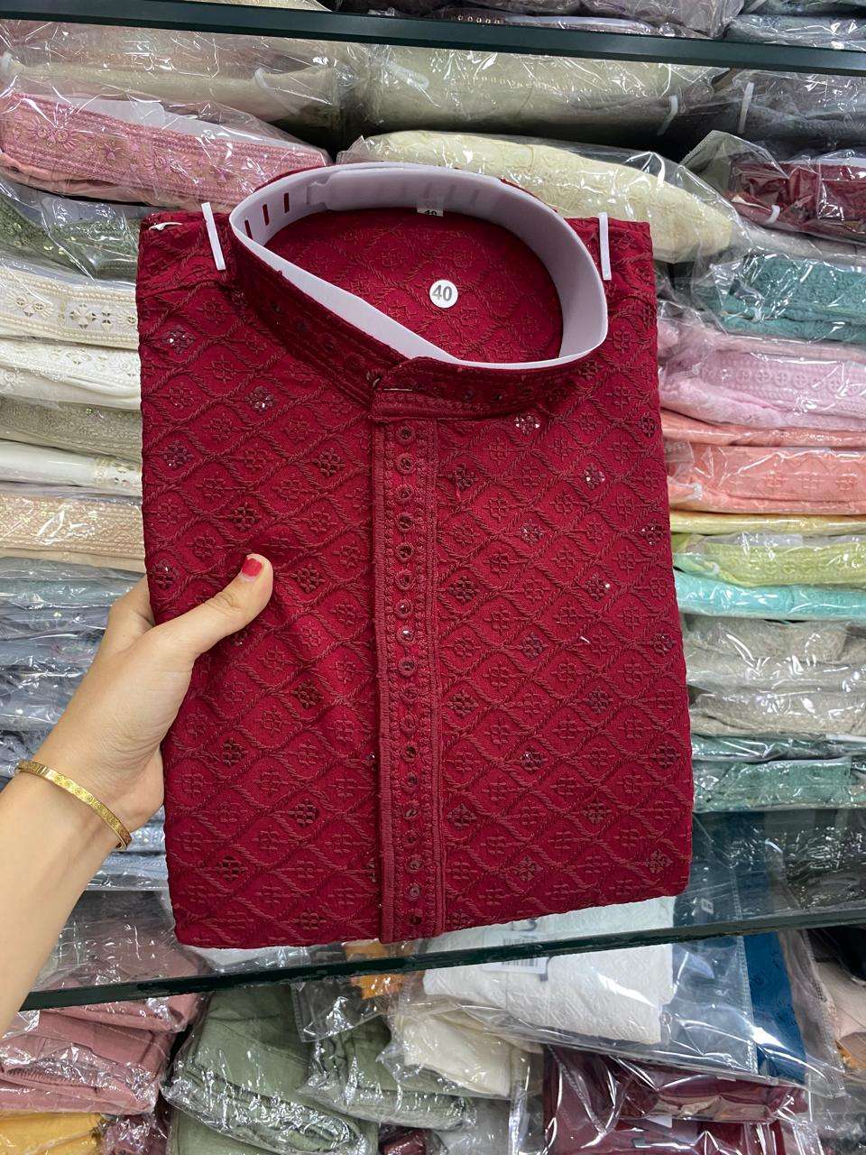 SATKAR KURTI REYON CHIKAN WORK AND PAYJAMA COTTON SET MENS W...